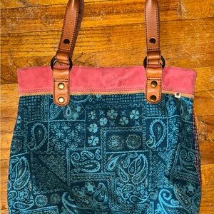 Lucky Brand Teal Paisley Tote with Suede Trim and Brown Leather Handles